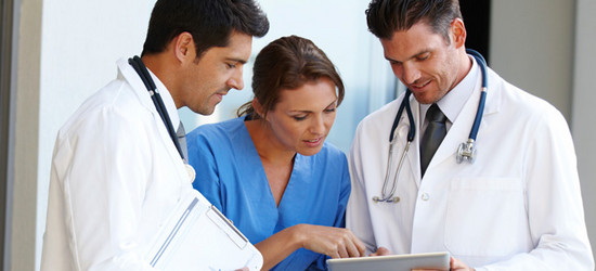 Photograph of doctors in a health insurance company.
